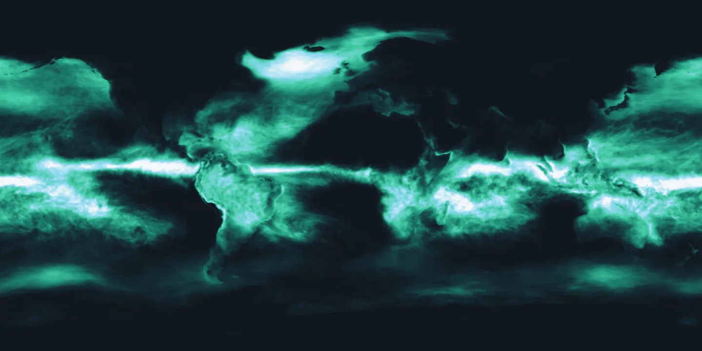 A global atmospheric field showing continents and an equatorial band