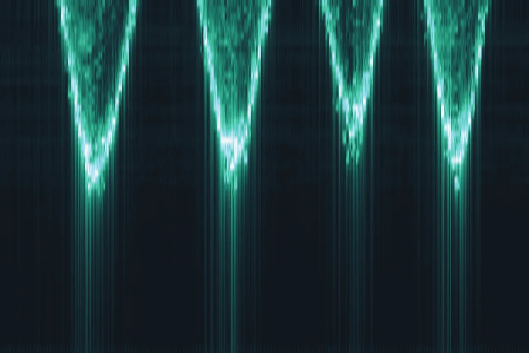 Radar range over time: bright V-shaped paths on a pale background