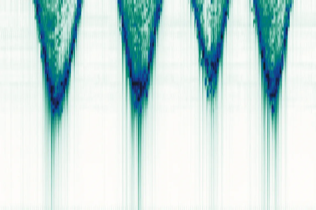 Radar range over time: bright V-shaped paths on a pale background